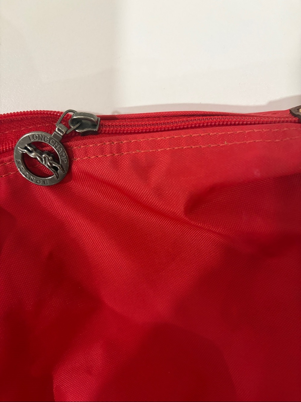 Longchamp Le Pliage Red Nylon Tote Bag with Brown Leather Trim Handle - Picture 13 of 13